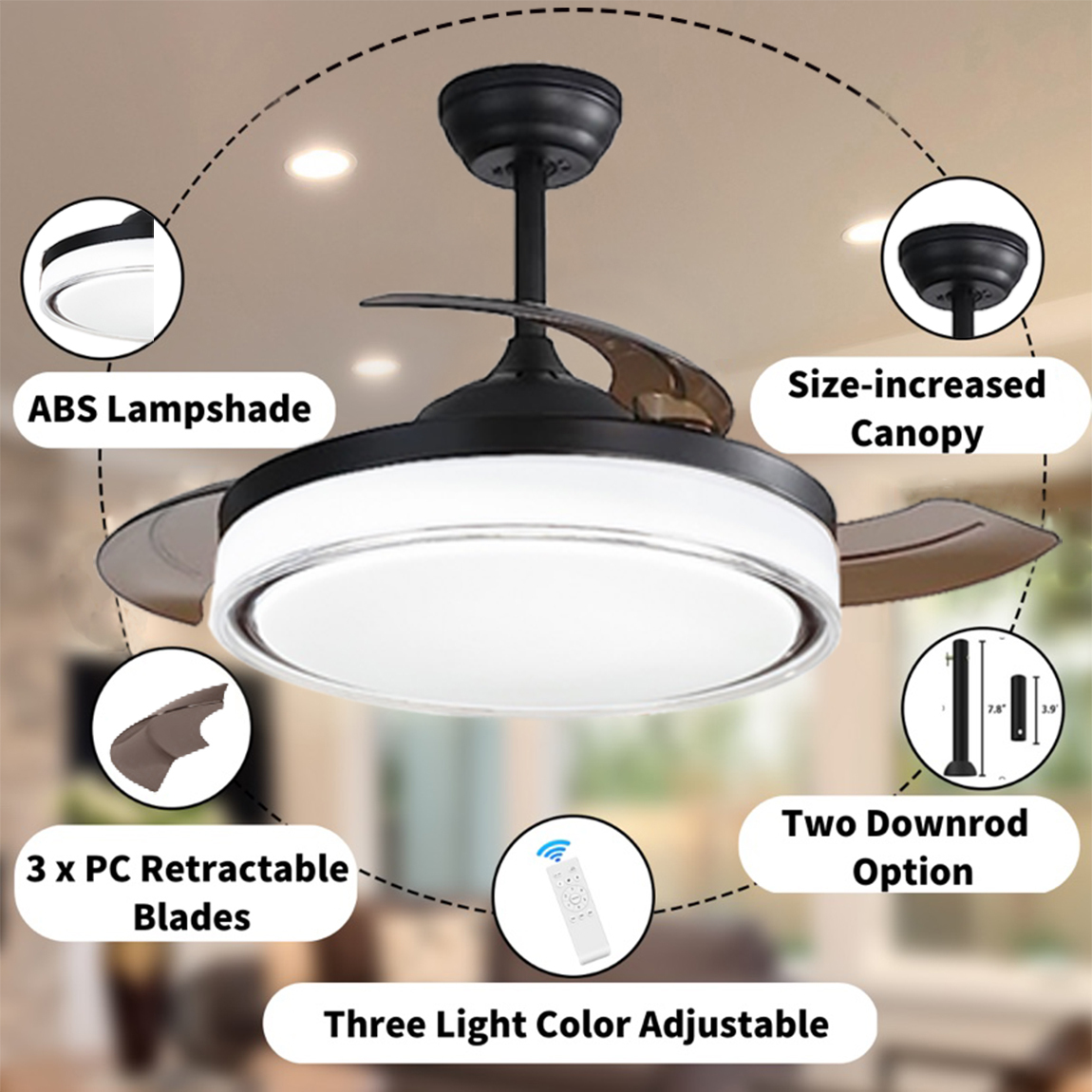 Modern 42 inch Retractable Ceiling Fan with Remote Control and LED