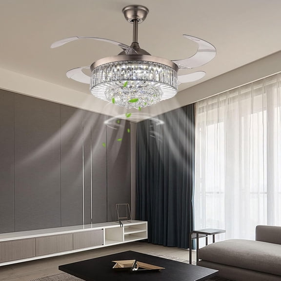 Modern 42in Fandelier Crystal Ceiling Fans with Lights Remote Control Luxurious Chandelier with Intelligent Timing Function Caged Crystal Ceiling Fan Enclosed Flush Mount