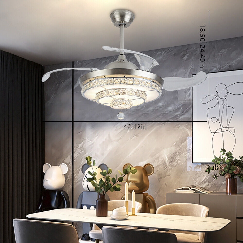 Modern 42inch Invisible Crystal Ceiling Fan Light+4 Retractable Blades ...