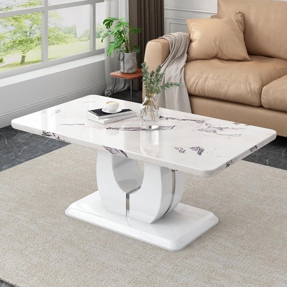 Modern 43.3-Inch Rectangle Coffee Table with Faux Marble Top for Living Room Apartment Home Office, White - Scratch-Resistant Easy Assembly