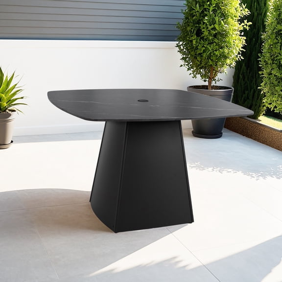 Modern 44" Rounded Square Outdoor Pedestal Dining Table, Black Sintered Stone Top, Flared Pyramid Aluminum Pedestal Base, Weather-Resistant, Rust-Free, for Patio, Deck, Poolside, Balcony Seats 4 No