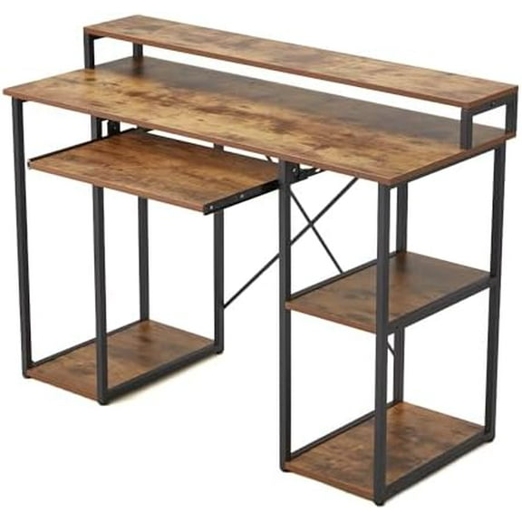 Modern 46.5 Inch Computer Desk with Monitor Stand and Storage Shelves for Home Office Spaces, Bedrooms, or Student Dorms, Brown/Black