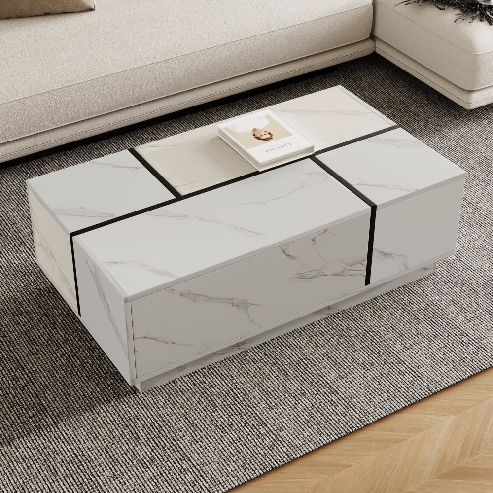 White Marble Rectangular Coffee Table with Sliding Top and Storage