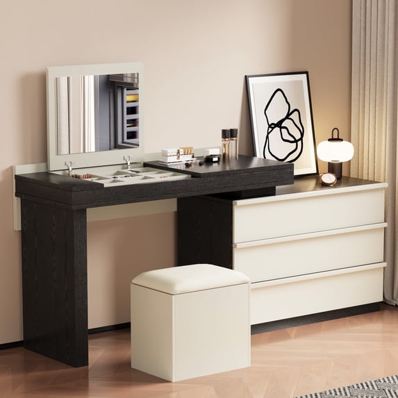 NessCarsti Modern Extendable Vanity Desk Set with Mirror & Jewelry Organizer, Black/Beige