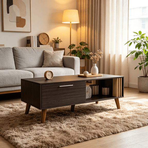 Modern 47" Coffee Table with Hidden Storage Cabinet and Display Shelf