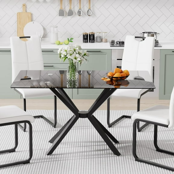 Modern 47 Inch Glass Dining Table for 4-6, Black Tempered Glass Kitchen Table with Rectangular Tempered Glass Top & Metal Legs, Large Dinner Table for Dining Room, Kitchen, Living Room