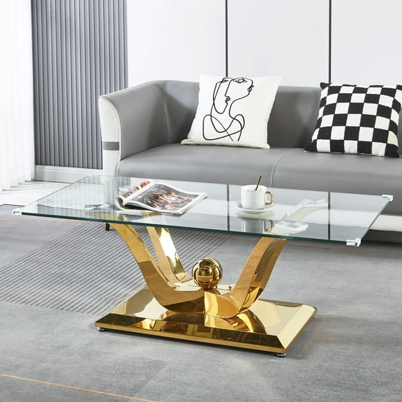 Modern 47" Rectangular Glass Coffee Table, Tempered Glass Top and Mirrored Stainless Steel Base, for Living Room and Office