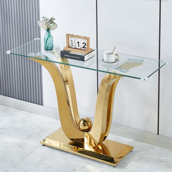 Modern 47" Rectangular Glass Console Table with Tempered Glass Top and U-Shaped Mirrored Stainless Steel Base, Ideal for Living Room and Hallway