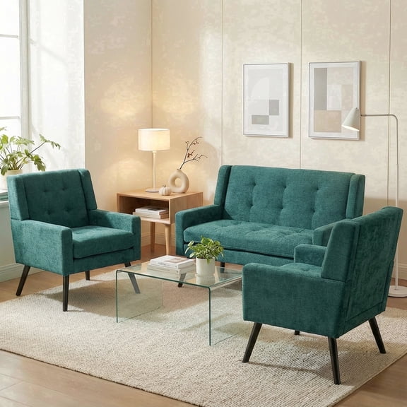 Wansaly Mid-Century Adult Plush Linen Fabric Loveseats with Button Tufted High Back and Solid Wood Legs, Green, 3-Piece Set