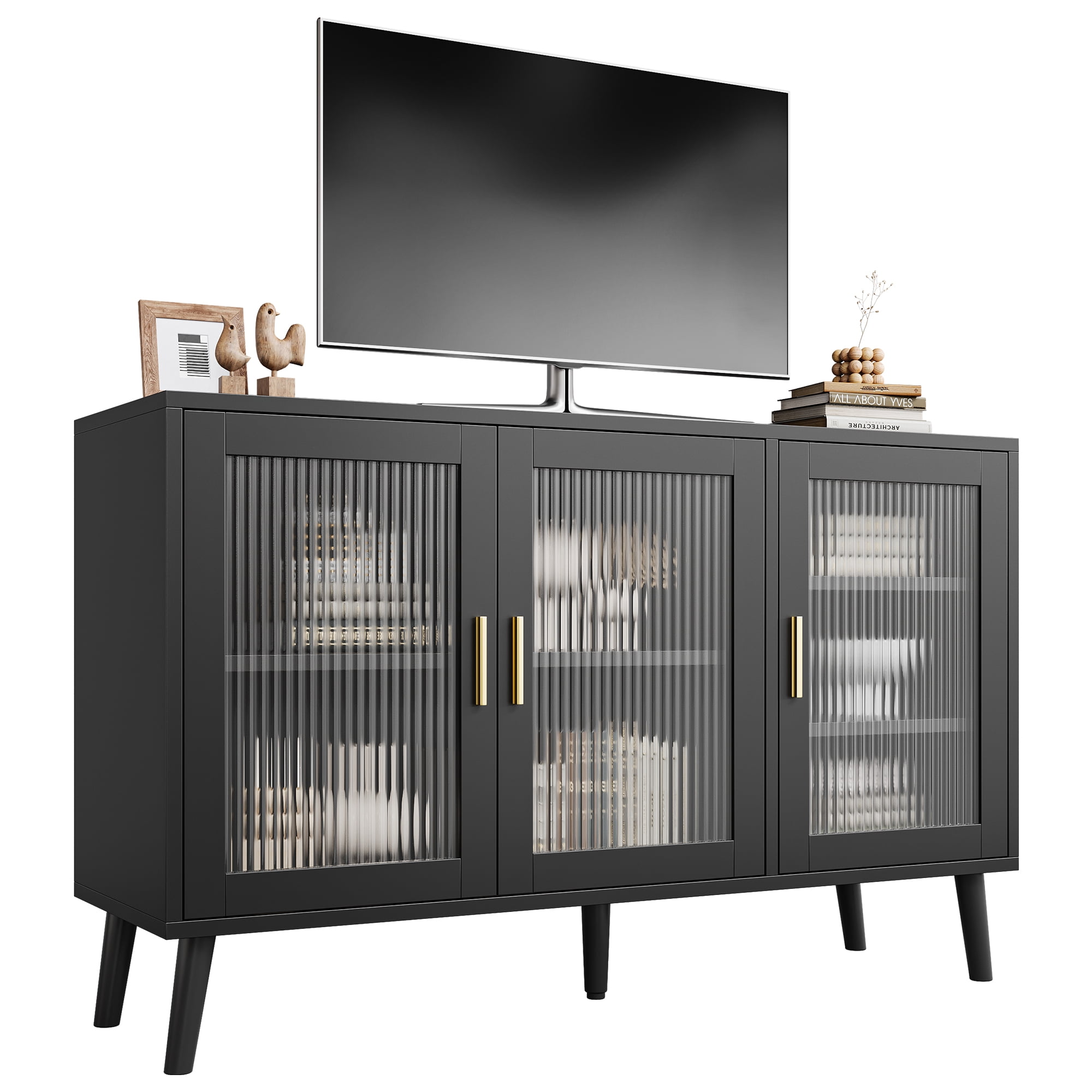 Modern 48 Inch Fluted Glass Sideboard Buffet Cabinet Mid Century Accent ...
