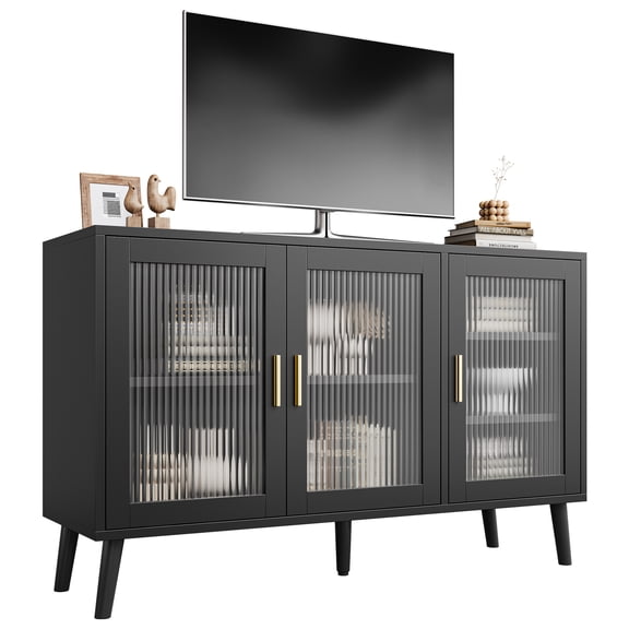 Modern 48 Inch Fluted Glass Sideboard Buffet Cabinet Mid Century Accent Furniture Multi Purpose Storage Console Table for Dining Room Kitchen Living Room TV Stand and Coffee Bar