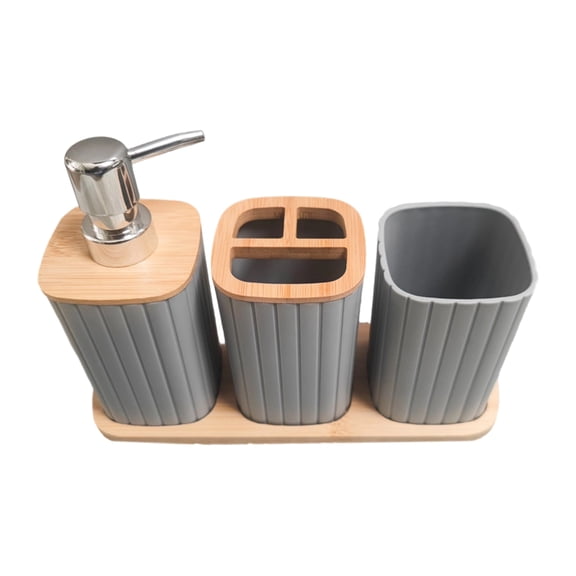Modern 4Pcs Bathroom Accessory Wood Base Trash Can Liquid Hand Soap Dispenser
