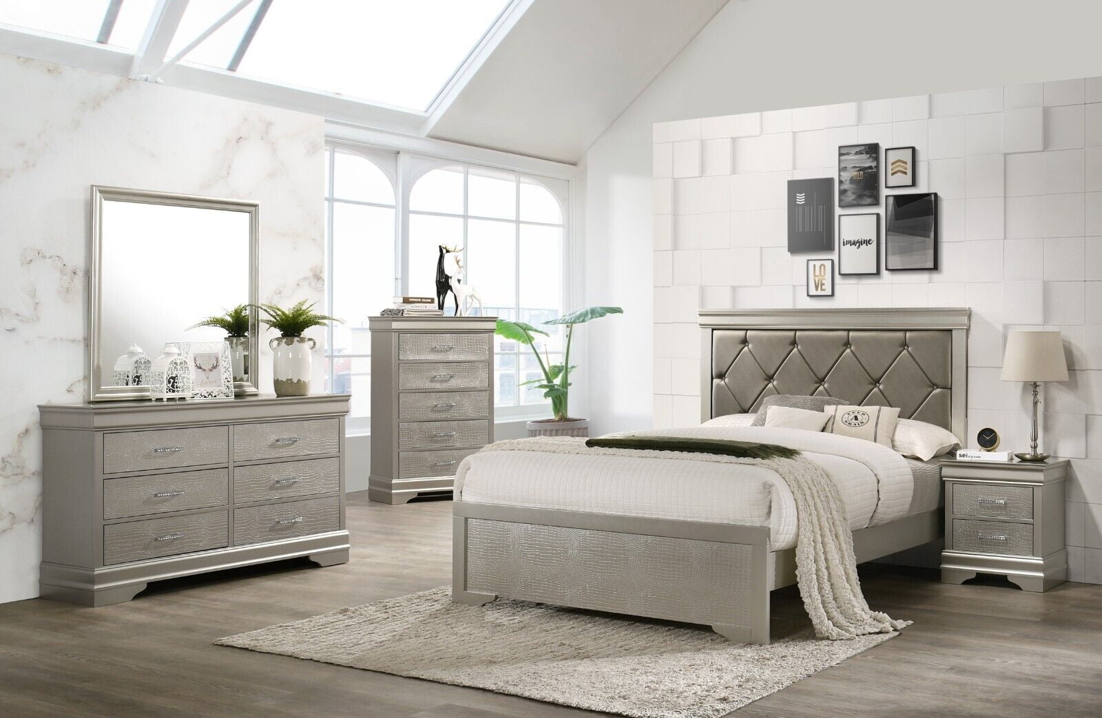 Modern 4pc Full Size Champagne Finish Upholstered Bed Set Solid Wood Storage Wooden Bedroom Furniture