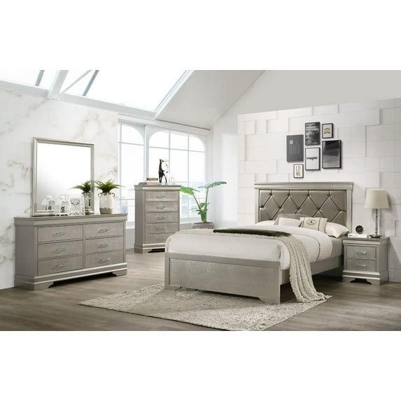 Modern 4pc Full Size Champagne Finish Upholstered Bed Set Solid Wood Storage Wooden Bedroom Furniture