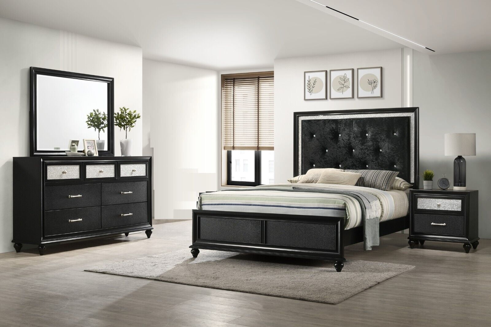 Modern 4pc King Size Bedroom Set Black Finish Upholstered Panel Bed Dresser Mirror Nightstand