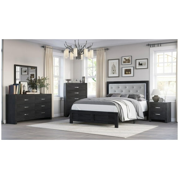 Modern 4pc Queen Size PU Upholstered LED Headboard Bed Dresser Mirror Nightstand Wooden Bedroom Furniture Set Black Finish