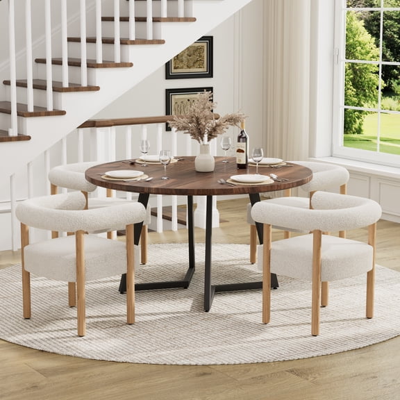 Modern 5/7-Piece Round Dining Table Set, 47" Walnut/Wood Table with 4/6 Cream Upholstered Chairs for Kitchen, Dining, Apartment