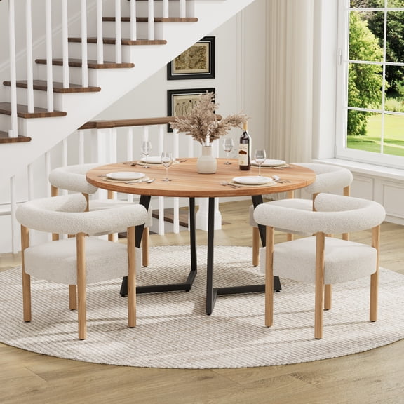 Modern 5/7-Piece Round Dining Table Set, 47" Walnut/Wood Table with 4/6 Cream Upholstered Chairs for Kitchen, Dining, Apartment