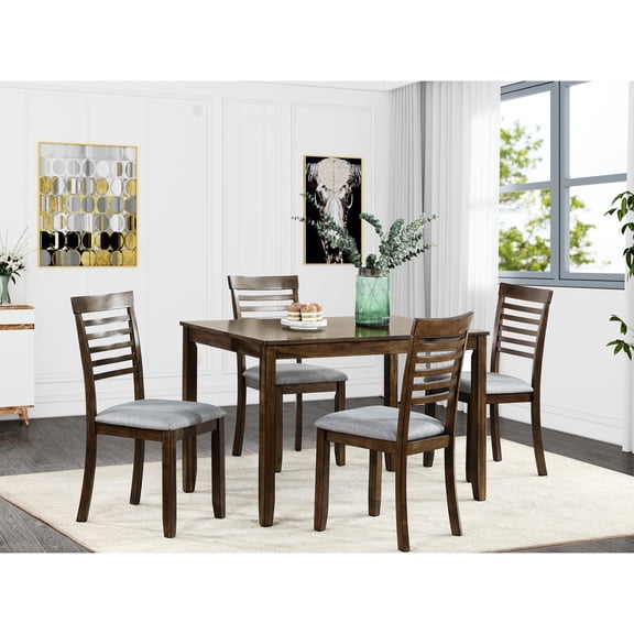 Modern 5 Dining Table In Walnut, Rectangular Wood And 4 Upholstered Chairs For With Walnut Relaxing Seating Home Room