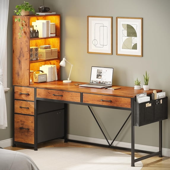 Modern 5 Drawer Computer Desk with LED Lights, Reversible Corner Desk with Storage Shelves, Home Office Desk for Small Spaces