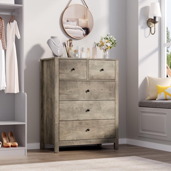 Modern 5 Drawer Dresser for Bedroom – Tall Wooden Chest, Deep Storage Organizer, Metal Knobs, Spacious Drawers for Kids Room, Living Room – Light Ivory