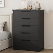 Modern 5 Drawer Dresser for Bedroom - Wide Black Wooden Storage Chest - Recessed Handles - Large Organizer for Closet, Nursery, Living Room, Hallway, Entryway - Embossed Black