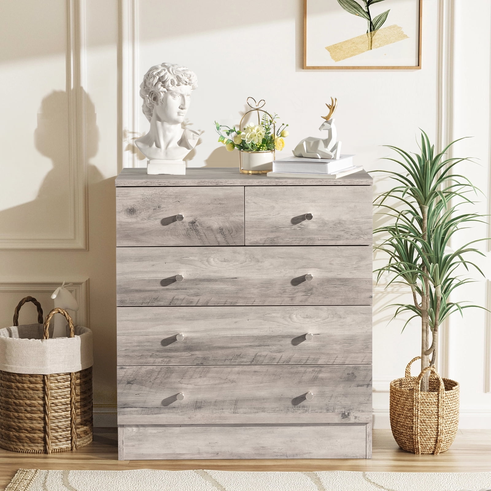 Deep Storage Locker Modern 5 Drawer Dresser, Gray Chest of Drawers with Deep Storage, Space ...