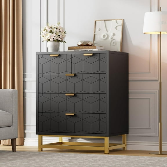 Modern 5-Drawer Dresser with Gold Metal Legs, Black Stylish Storage Chest for Bedroom, Closet or Living Room
