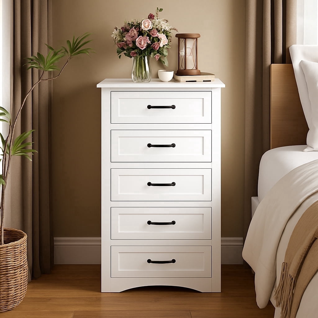 Modern 5-Drawer Dresser with Sleek Metal Handles, Versatile Storage Cabinet for Bedroom, Living Room or Office, White