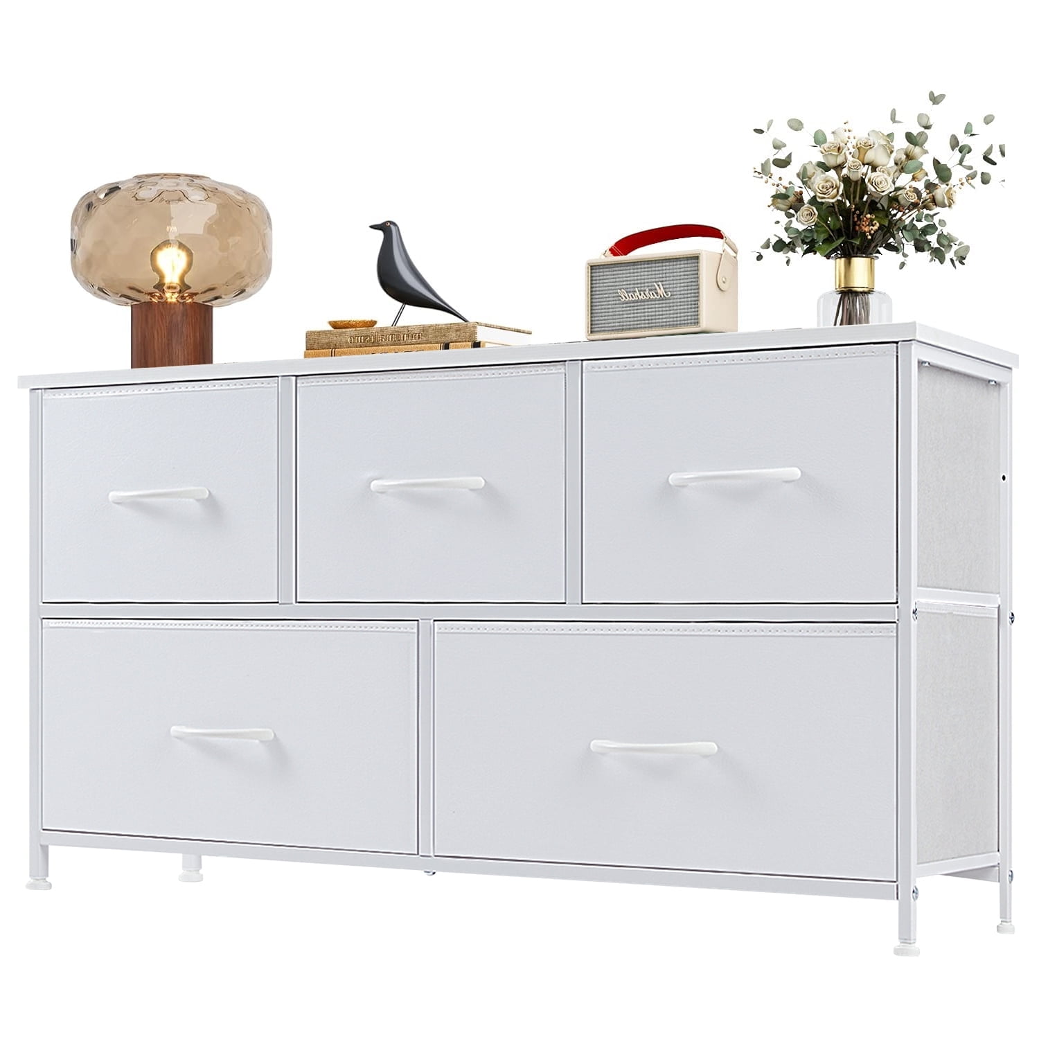 Modern 5 Drawer Fabric Dresser, Chest of Drawer Organizer Storage Cabinet for Bedroom Clothes Closet, Entryway,White