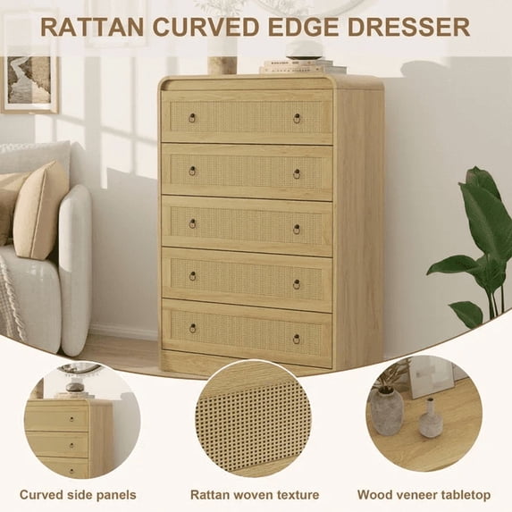 Modern 5-Drawer Rattan Dresser with Rounded Corners – Natural Wood ...
