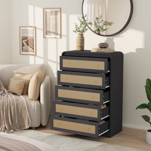 Modern 5-Drawer Rattan Dresser with Rounded Corners, Multi-Use Wooden Storage Cabinet & TV Stand for Bedroom Living Room Hallway - Black
