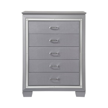 Modern 5-Drawer Tall Chest, Mirror & Faux Crystal Accents, Silver Finish