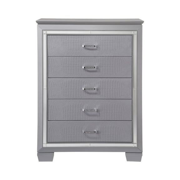 Modern 5-Drawer Tall Chest, Mirror & Faux Crystal Accents, Silver Finish