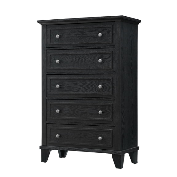 Modern 5 Drawer Vintage Wooden Dresser Chest, 48 Inch Tall Storage Cabinet with Gold Metal Handles and Sturdy Legs for Bedroom Living Room Hallway Entryway Home Office - Black