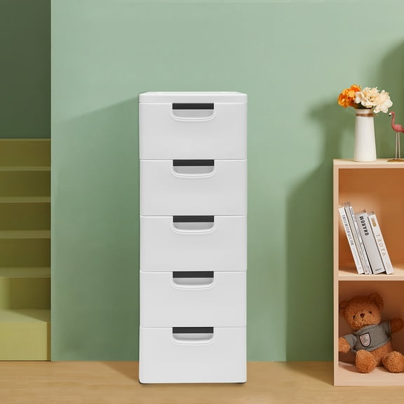 Modern 5 Drawers Dresser, Plastic Tower Closet Organizer with Wheels Recessed Handles Clothes Toys Storage Organizer White 11.81*15.75*33.07"