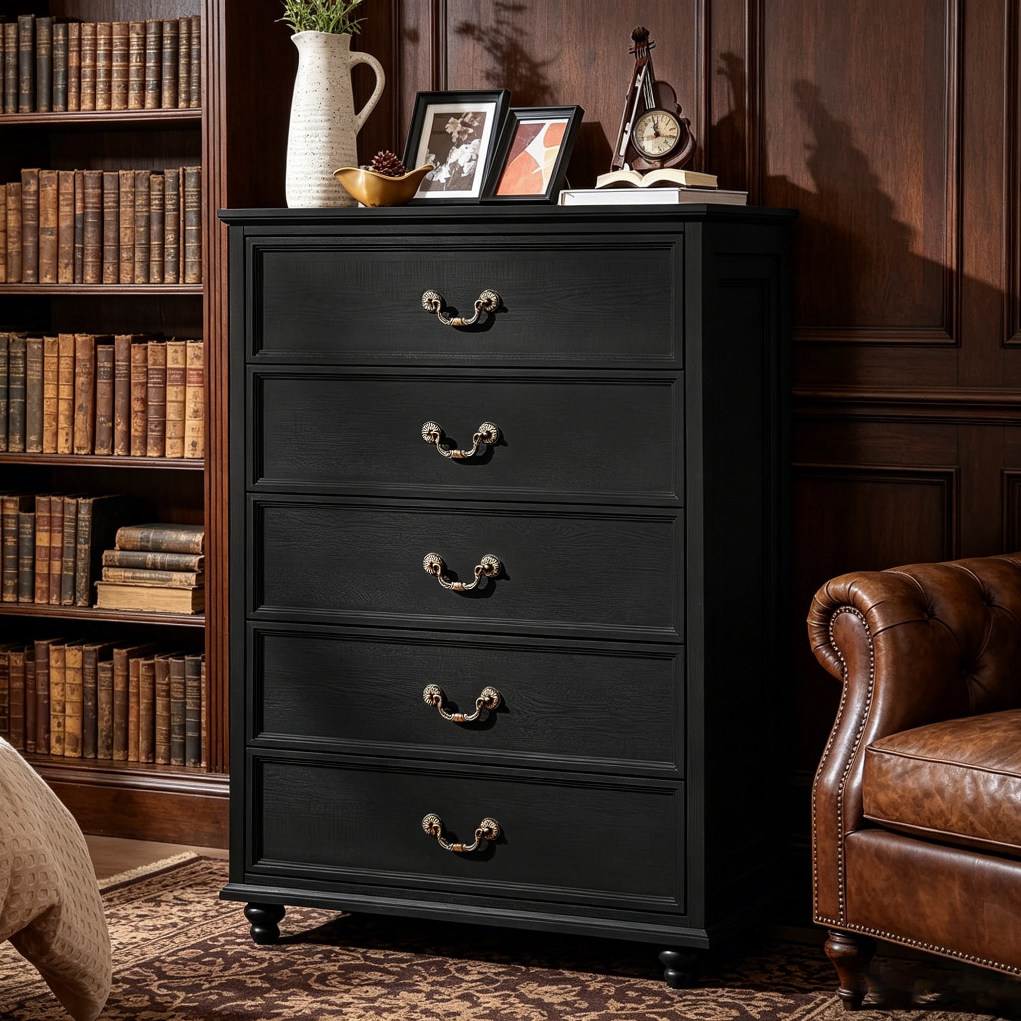 big black dresser Modern 5 Drawers Dresser for Bedroom, Tall Wood Chest of Drawers, Big  Storage Dressers Organizer with Metal Handles, Living  Room,Closet,Hallway,Black