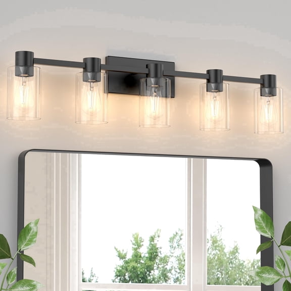 Modern 5-Light Bathroom Vanity Light, Matte Black Wall Sconce Fixture with Clear Glass Shades, E26 Base