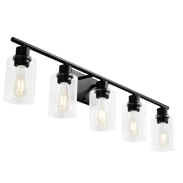 Modern 5-Light Bathroom Vanity Lighting Fixture,37.1-Inch Clear Glass Shade Wall Light for Living Room,Bedroom,Hallway,E26 Base,60W(Bulbs Not Included)