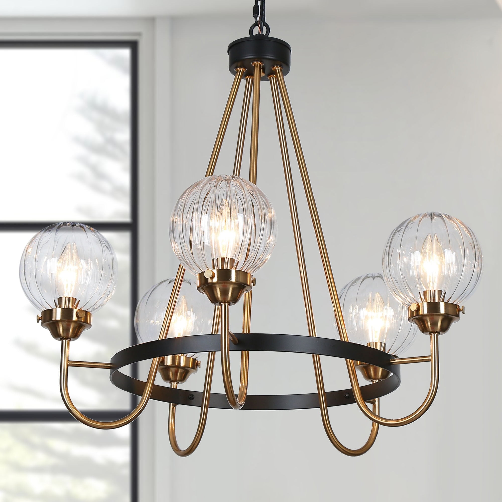 Modern Black and Gold 5-Light Glass Chandelier