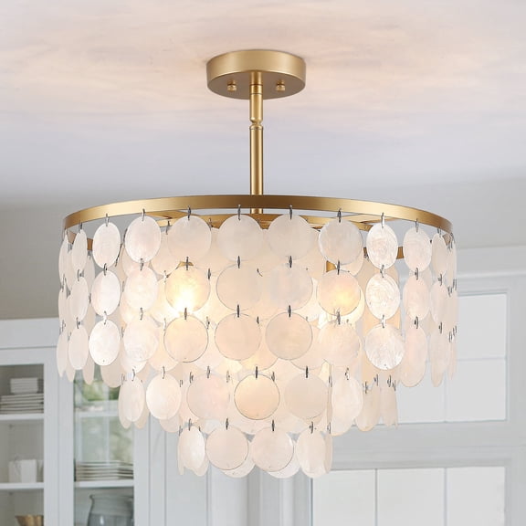 Modern 5-Light Gold Brass Capiz Shell Semi Flush Mount Light, Coastal Ceiling Fixture for Bedroom, Living Room, Hallway