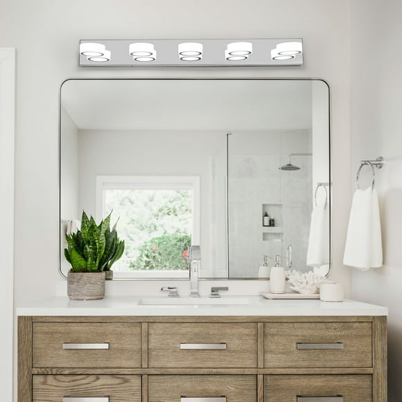 Modern 5-Light LED Vanity Light Fixture, Chrome Finish with Acrylic Light Shades, 37-Inch Length Energy-Efficient Bathroom Wall Sconce-Dimmable