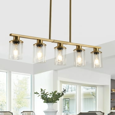 Modern 5-Light Linear Chandelier, Brushed Gold Dining Room Light Fixture Over Table  with Clear Glass Shades