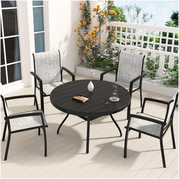 Modern 5-Pc Patio Set with Metal Table & 4 Stackable Chairs, Waterproof Fabric for Outdoor Dining