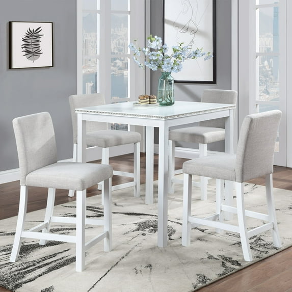 Modern 5-Piece Counter Height Dining Set with Square Table and 4 Upholstered Chairs, Wooden Construction with Crystal Accents for Kitchen and Dining Room, White Finish