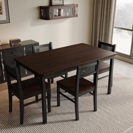 Modern 5-Piece Dining Set - 43.3" Rectangular Table with Black Legs & 4 Chairs, Brown Wood Top with Woven Rattan Backs, Kitchen Table Set for 4, Small Space Dining Furniture, Brown+Black
