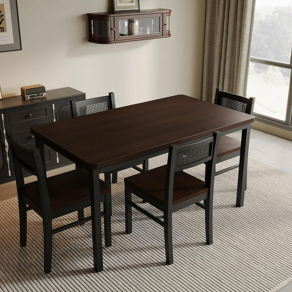 Modern 5-Piece Dining Set - 43.3" Rectangular Table with Black Legs & 4 Chairs, Brown Wood Top with Woven Rattan Backs, Kitchen Table Set for 4, Small Space Dining Furniture, Brown+Black