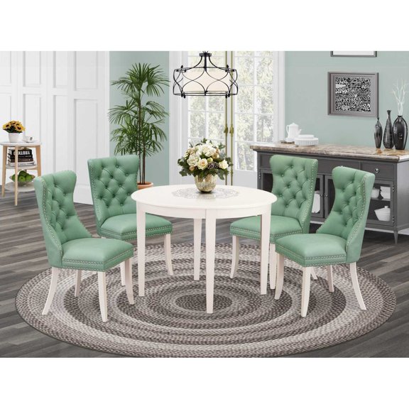 Modern 5 Piece Dining Set - Round Table & 4 Parsons Chairs - Linen White & Willow Green