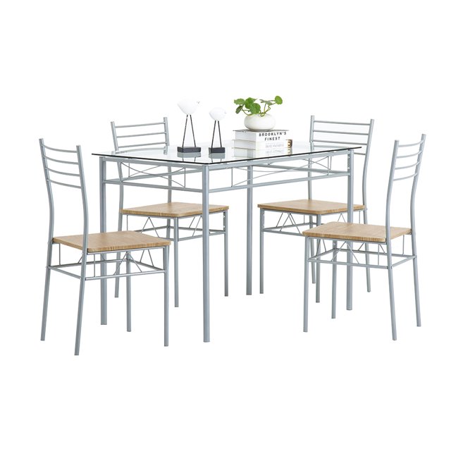 Modern 5 Piece Dining Set Table And 4 Chairs Glass Top Kitchen