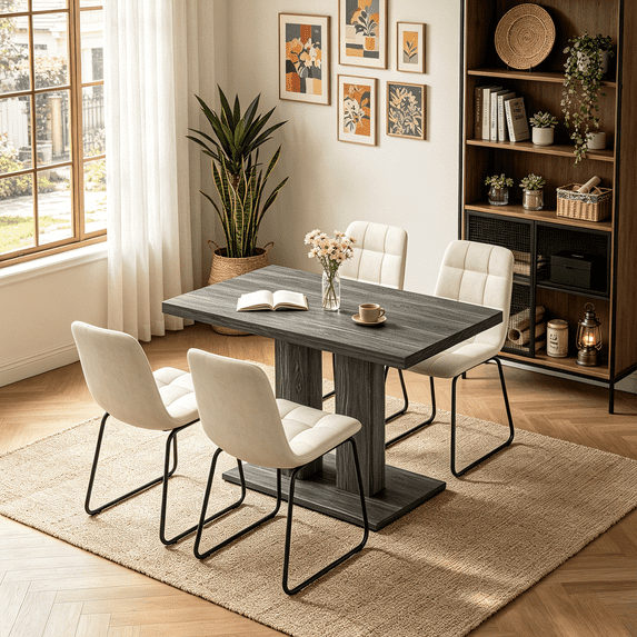 Modern 5-Piece Dining Table Set for 4, 46.2 Inch Space-Saving Table with 4 Faux Leather Chairs, Gray Wood Grain, Easy Assembly for Dining Kitchen Living Room Farmhouse